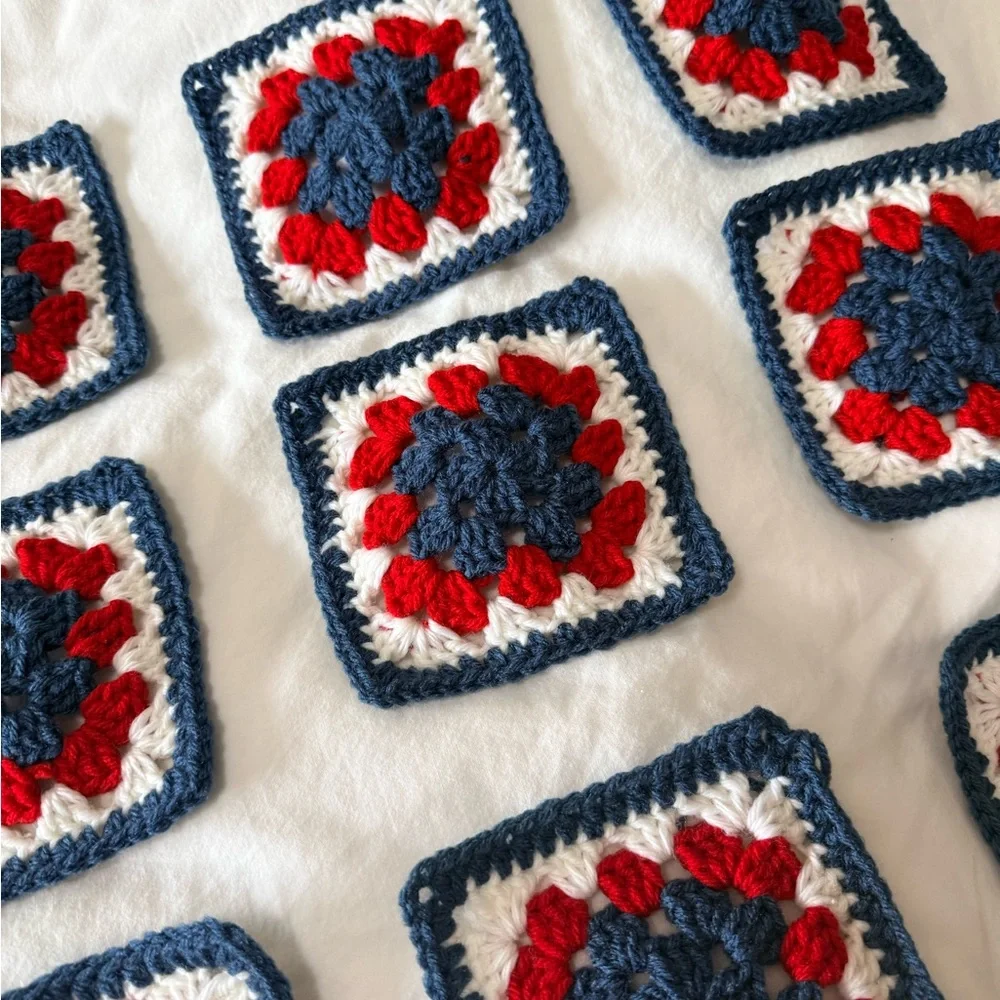 Granny square Crochet scarf blue red white style 61”x5”